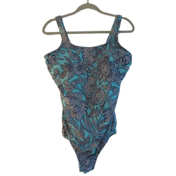 LAND'S END Geometric Floral Print One Piece Swimsuit Stretch Vacation Size 12DDD - Picture 1 of 15
